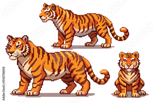 Pixel Art Cartoon Tiger Character Sprite Sheet – Cute Jungle Predator in 8-bit 16-bit 32-bit Game Style