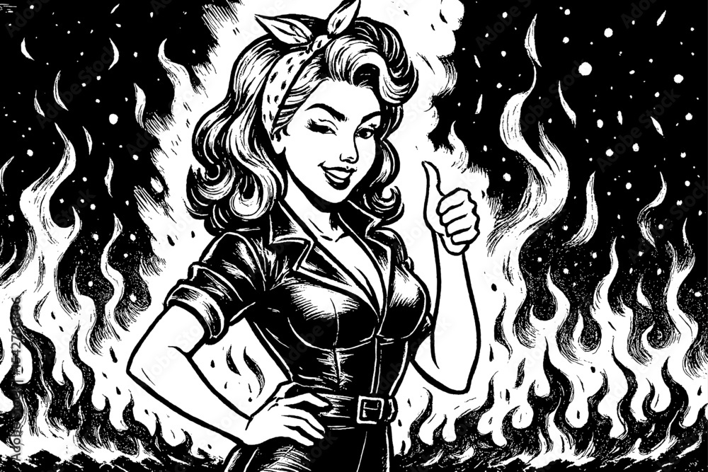 Fototapeta premium Happy Caucasian Woman Pinup Style Giving Thumbs Up in Front of Fire, Black and White