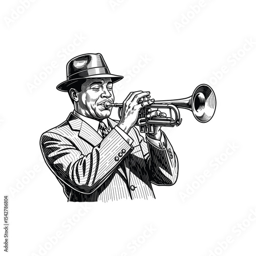 Hand-Drawn Vintage Style Engraving of Jazz Trumpeter Playing Music, drawn in an engraved, woodcut style with fine details sketch engraving vector illustration. Scratch board imitation. 