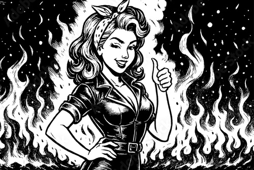 Happy Caucasian Woman Pinup Style Giving Thumbs Up in Front of Fire, Black and White