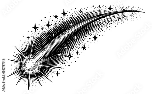 Monochrome Drawing of a Comet with a Streaking Tail and Stars