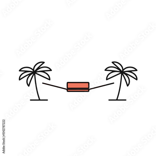 A hammock suspended between two palm trees.