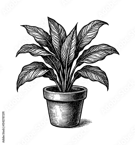 Engraved black and white illustration of peace lily plant in pot, detailed