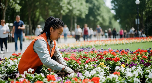 Fototapeta Naklejka Na Ścianę i Meble -  Gardener Tending Vibrant Flowers in a Sunny Public Park