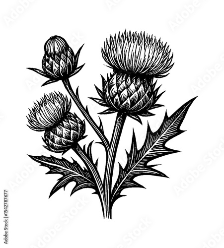Engraving illustration of a Thistle plant with leaves on white background in black and white