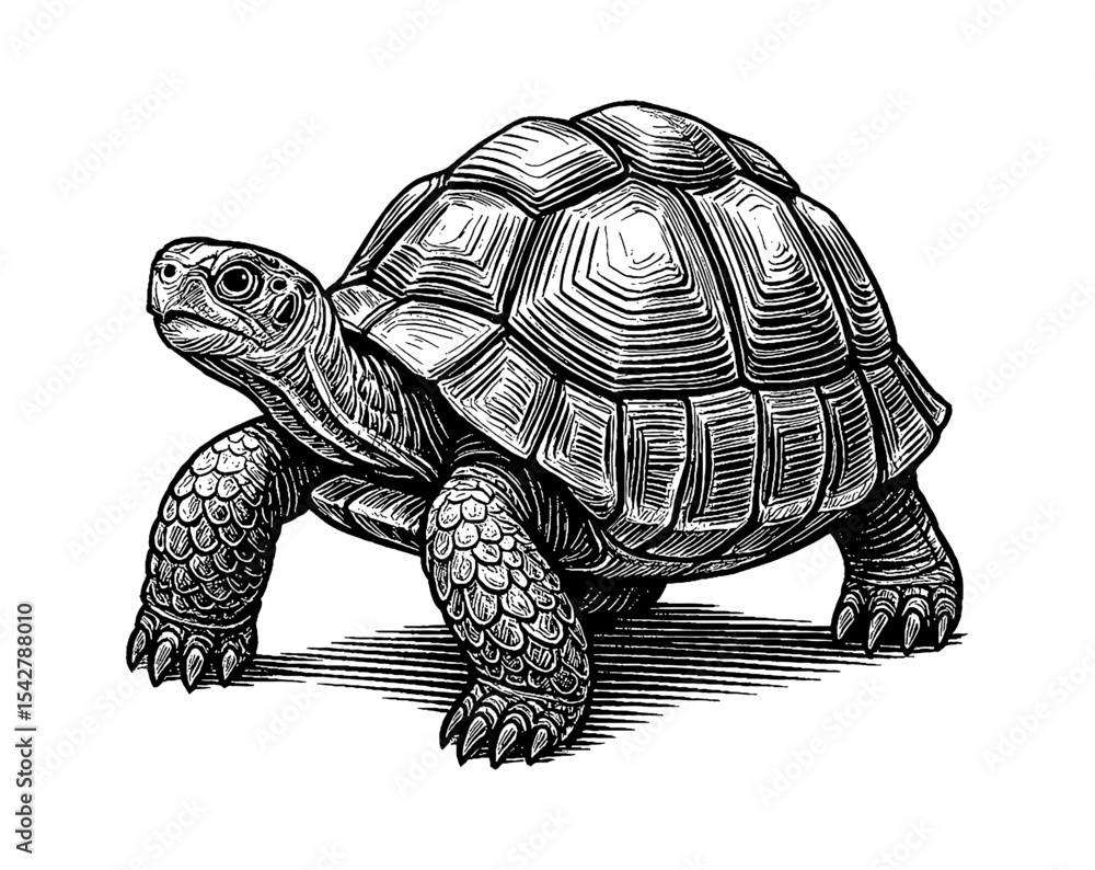 Fototapeta premium Detailed Line Art of a Walking Tortoise, Black and White Engraving of Turtle
