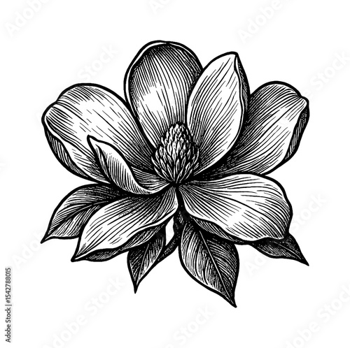 Detailed Black and White Engraving of a Magnolia Flower with Leaves