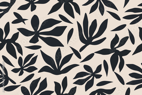 Modern black botanical silhouette pattern on a soft beige background. Elegant and minimal floral leaves perfect for textile, wallpaper, and stylish digital designs.