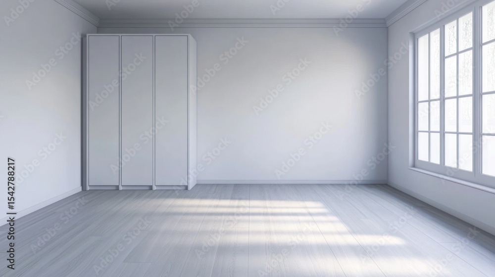 Obraz premium Empty room with white wardrobe and large window