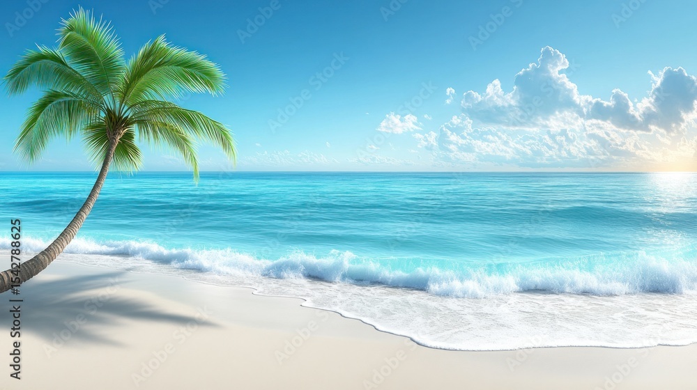 Obraz premium Palm, white beach, turquoise sea, sunny sky horizon view