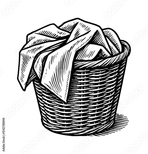 Engraved illustration of a wicker laundry basket with clothes on a white background.
