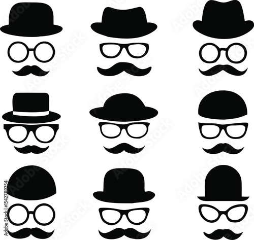 Mustache and Glasses with hat icon set. vector Illustration