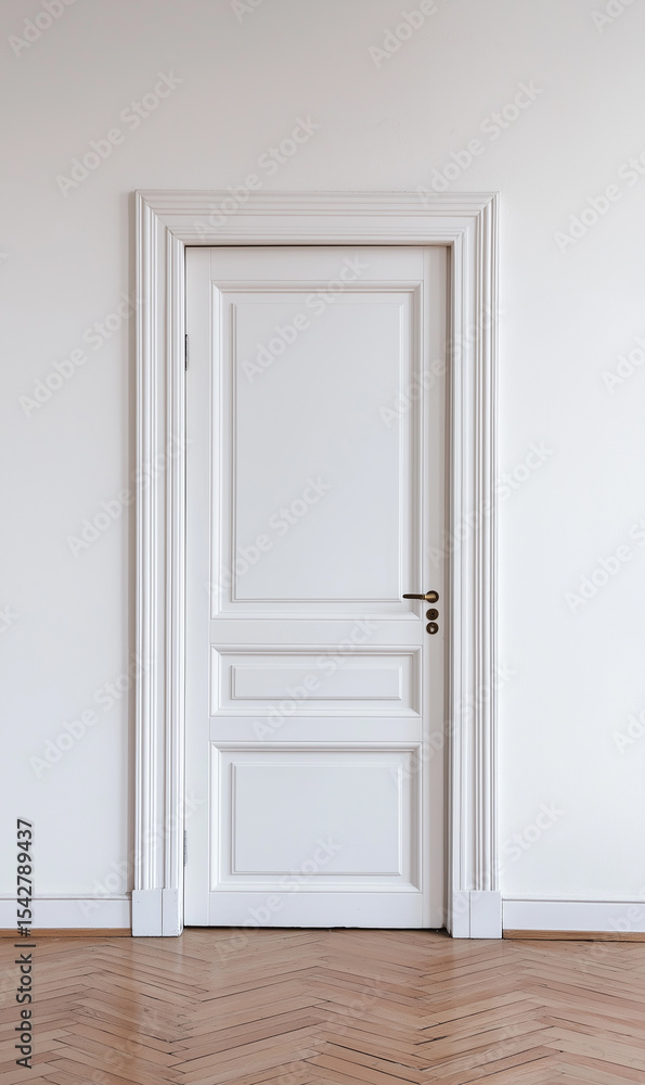 White wall and wooden door, sunlight casting window shadows, wooden floor spacious, creating a simple and bright indoor space. White wall and wooden door, sunlight casting window shadows, wooden floor spacious, creating a simple and bright indoor space.