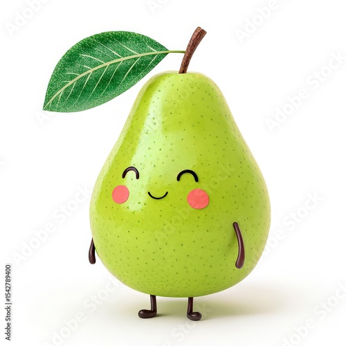 Cartoon Green Pear Character with Leaf and Cute Smiling Face on White Background