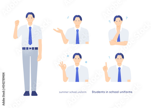 高校生・中学生（男の子）の制服ポーズセット 解説・案内・理解を示すジェスチャーの素材