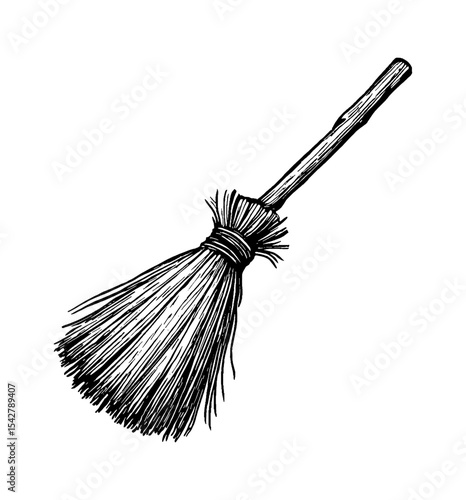 Detailed Engraving Style Broom Illustration on White Background for Cleaning