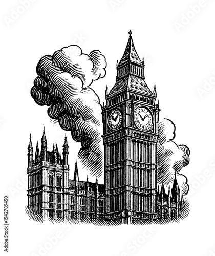Engraved Black and White Illustration of Big Ben with Clouds in London, England