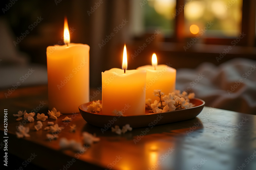 Obraz premium Gentle Glow of Floating Candles with Blossoms in a Warm, Inviting Space