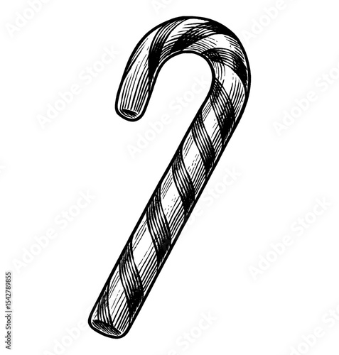 Black and white vector engraving style illustration of a candy cane on a white background