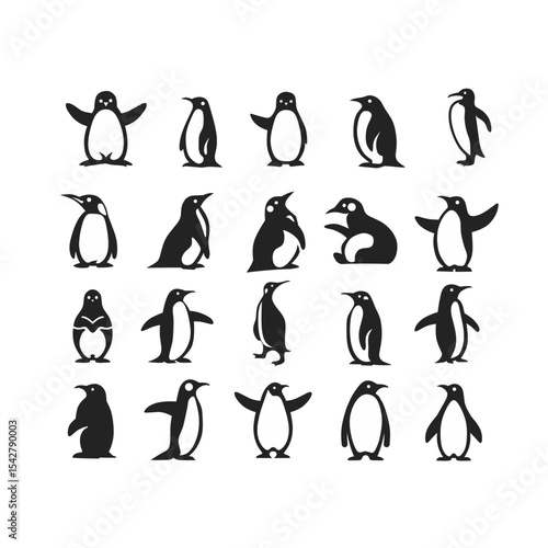 set of penguin icons, set of penguin silhouettes, penguin vector 