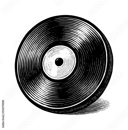 Engraved Style Illustration of a Vinyl Record on White Background
