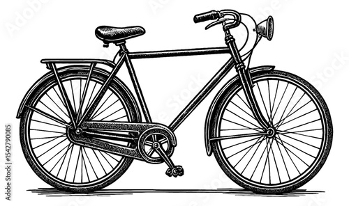 Detailed Black and White Engraving of a Vintage Bicycle Side View