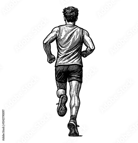 Detailed Black and White Engraving of Male Athlete Running from Behind in Shorts and Tank Top