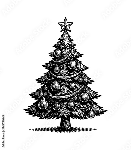 Christmas tree with star and ornaments in detailed monochrome engraving style for festive holiday season