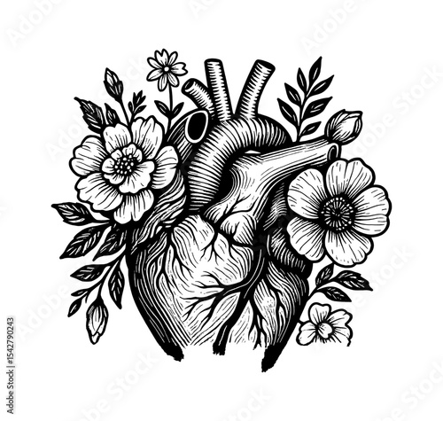 Anatomical Heart Surrounded by Flowers with Detailed Engraved Line Art in Black and White