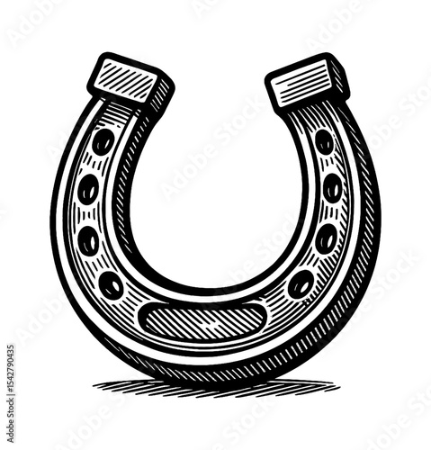 Black and white horseshoe illustration with detailed lines and shading for good luck, vintage style.
