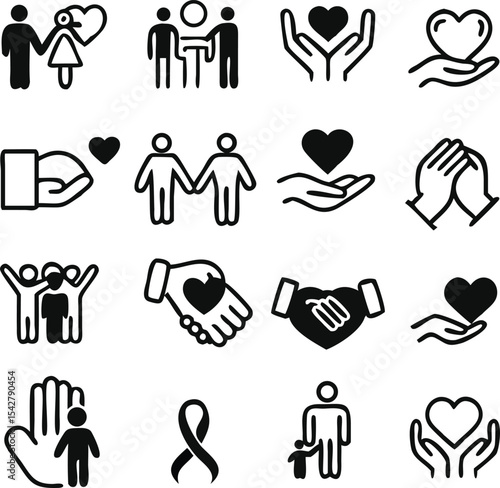 generous and sympathize icon set in thin line style, care, Friendship and love, Mutual understanding and handshake, responsibility, vector illustration