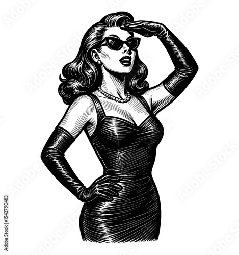 Glamorous Woman in Sunglasses Shielding Eyes, Posing Confidently in Black and White Engraving