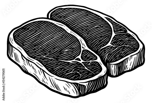 Two Raw Steaks Cut Engraved Illustration Style Black and White Isolated