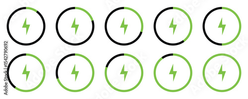 Battery Charging Indicator Icons Set – Green Power Level Progress with Lightning Symbol Vecto illustration.