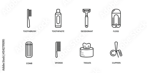 Illustration of bathroom essentials including toothbrush toothpaste and personal care items icons