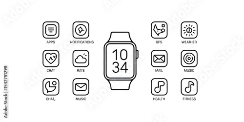 Illustration of a smartwatch with various app icons including weather, gps, and music icons