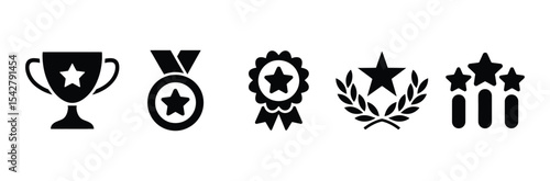 Awards and Achievement Icons: Trophy, Medal, Laurel Wreath, and Star Recognition

