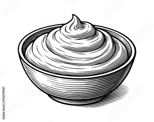 Bowl of Creamy Dip or Topping in Detailed Black and White Engraving Style