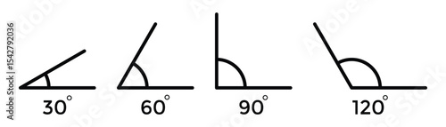 Set of Geometric Angle Icons – Math Degree Symbols from 15° to 90° with Arrows for Educational Use, Vecto illustration.