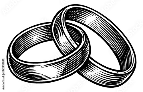 Engraved Illustration of Interlocked Wedding Rings in Black and White Style
