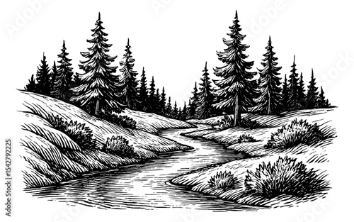 Serene Landscape with River and Forest in Black and White Engraved Style