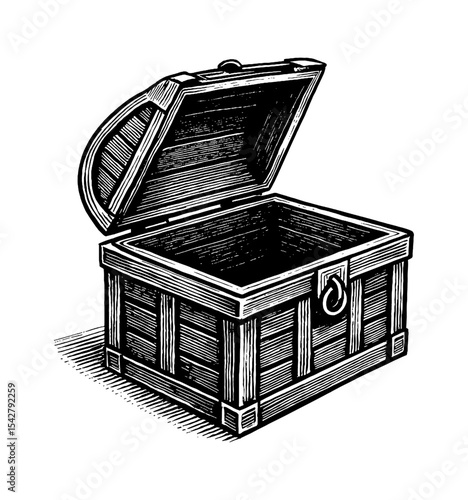 Engraved illustration of an open wooden treasure chest with visible wood grain texture