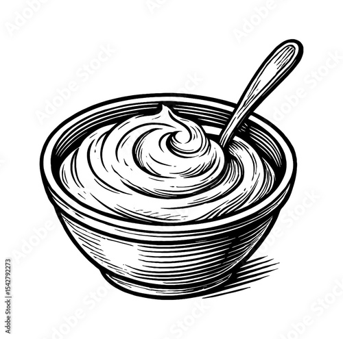 Bowl of Cream with Spoon in Detailed Vintage Black and White Outline Line Art Drawing