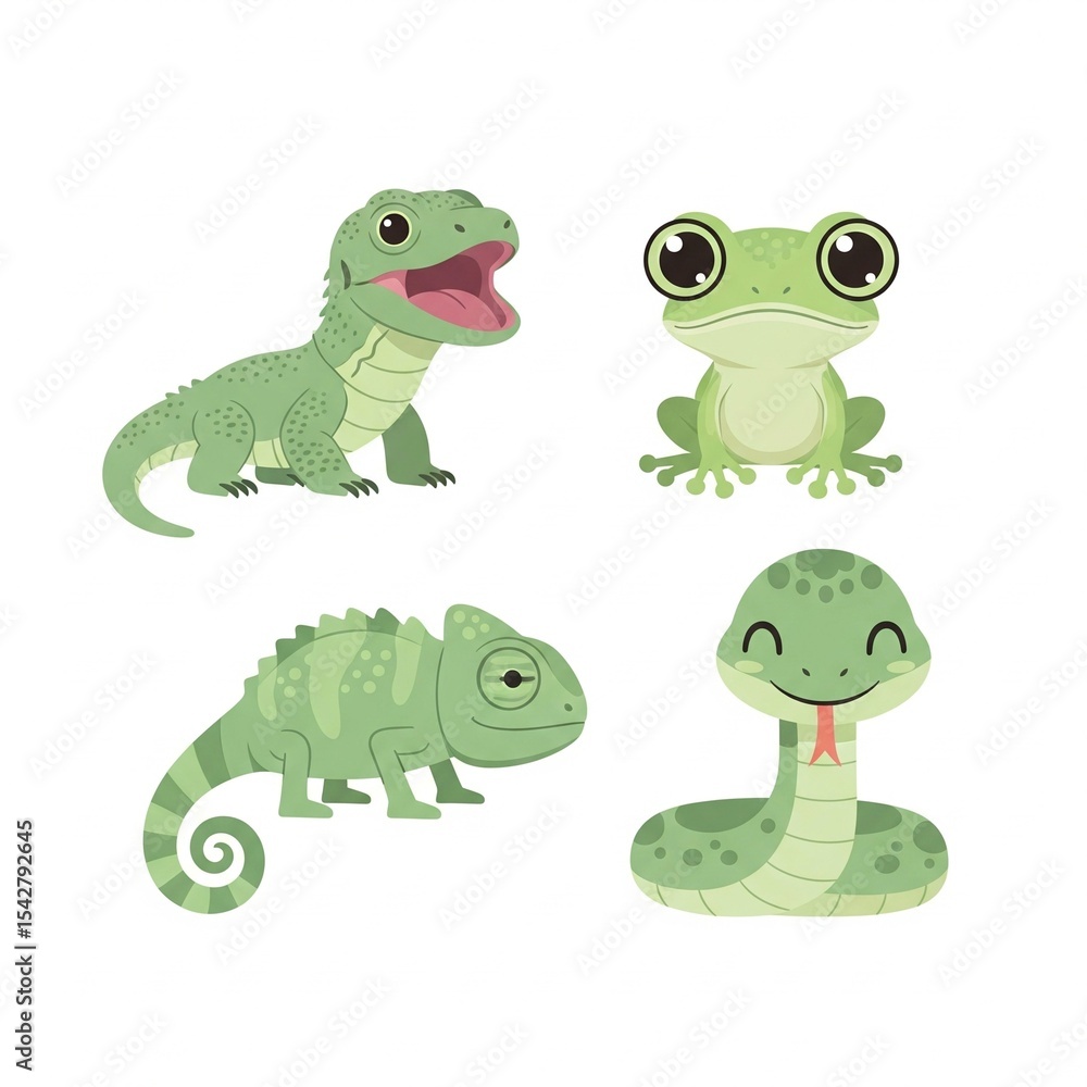 Naklejka premium Baby Reptiles and Amphibians of Indonesia Vector Set – Komodo, Tree Frog, Chameleon, Green Snake