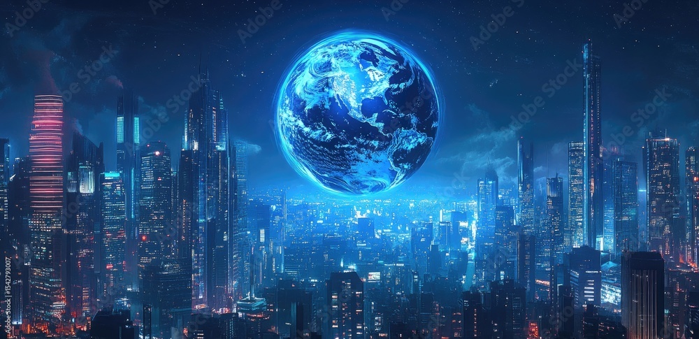 Futuristic city skyline at night with a glowing Earth Futuristic city skyline at night with a glowing Earth