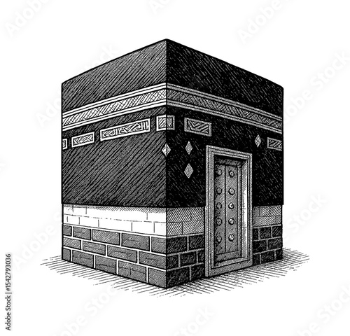 Illustration of the Kaaba in Mecca, Saudi Arabia with Detailed Engraving Style Isolated on White