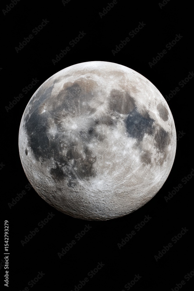 Fototapeta premium Detailed Full Moon Isolated on Transparent Background with Craters and Texture for Astronomy Science and Lunar Exploration Design Projects