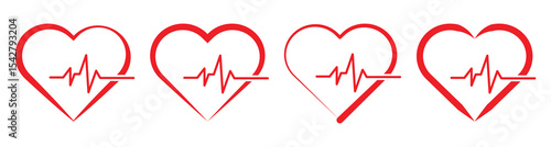 Red Heartbeat Line Icons – One Line Drawing of Pulse and EKG Symbols for Medical Design, vector illustration.