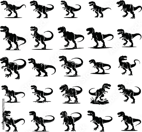 Set silhouettes of dinosaurs. Vector illustration group of black dinosaur silhouette icons isolated on white. Logo side view, profile.