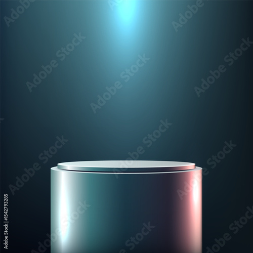 silver cylinder pedestal illuminated by blue light elegant product display mockup modern minimalist backdrop